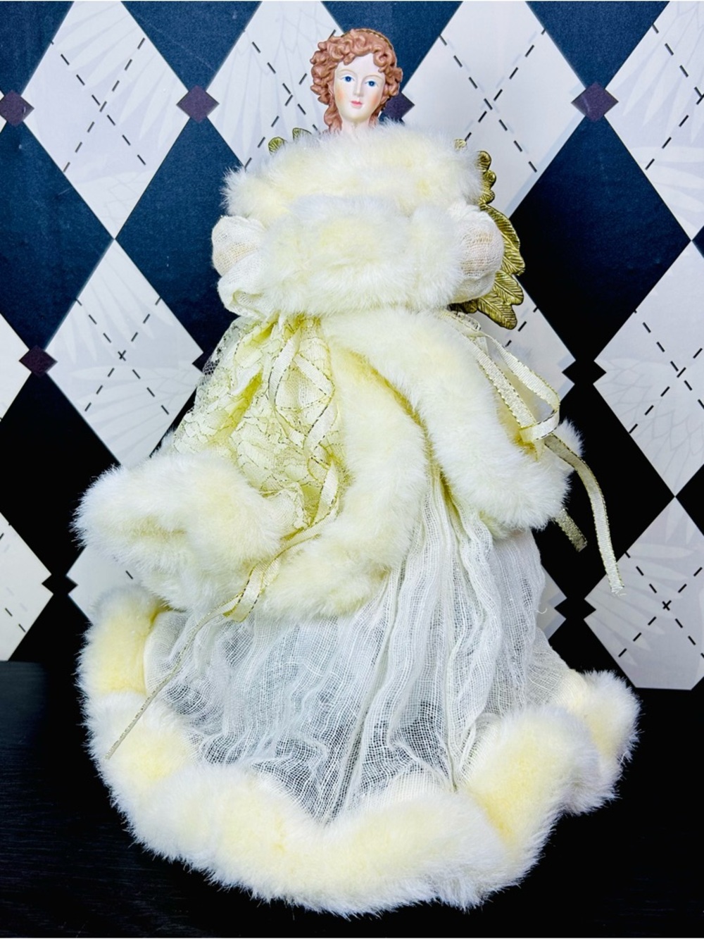 Tall Angel Christmas Tree Topper| Porcelain Face, Fur Lace Gown, Vintage 14”